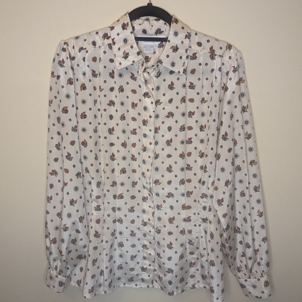 VINTAGE Susan Hutton 1980s blouse cream with pheasants women size 10